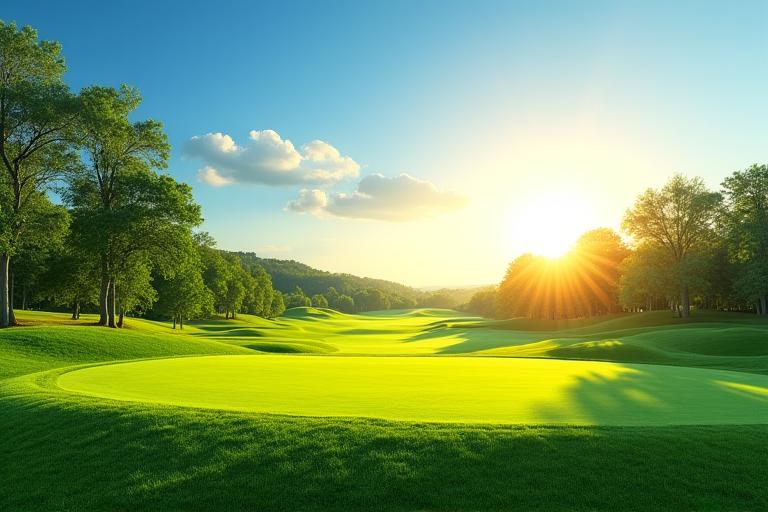 Panoramic view of a sunlit golf course with a vibrant green fairway and distant trees, symbolizing the love for golf.