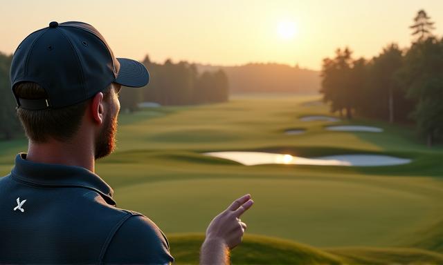 A golfer analyzing a complex hole layout on a course, planning strategy
